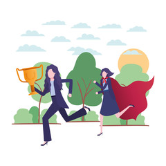 businesswomen with hero coat and trophy