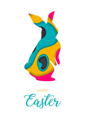 Happy Easter greeting card, 3d paper cut waves in the shape of Easter rabbit,  bright colours. Vector Illustration.