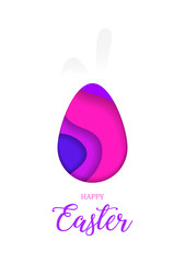 Happy Easter greeting card, 3d paper cut waves in the shape of Easter egg and rabbit’s ears, bright colours. Vector Illustration.