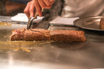 Grilled Japanese Wagyu Kobe beef steak in the hot pan