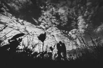 Side view of a romantic man and woman walking away on field grass, nature enjoying stunning sunset. Concept of lovely family holding hands. Young couple standing and kissing. Black and white photo.