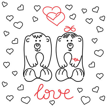 Two cute little bears, hearts, "love" lettering . One line drawn vector illustration