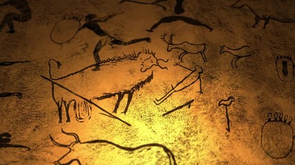 Candelight fire dances over cave paintings in prehistoric cavern - V1