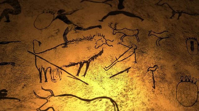 Candelight fire dances over cave paintings in prehistoric cavern - V1