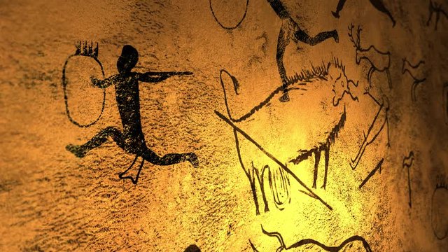 Candelight fire dances over cave paintings in prehistoric cavern - V2