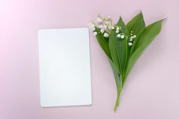  lily of the valley.Flower card. Lily of the valley flowers and white blank  on a soft pink pastel background.Mothers Day. International Women's Day. copy space.