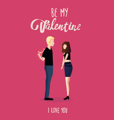 Happy young couple in love in flat style design, card for Valentines Day. Vector illustration of lovers, man and woman with love. 14 february, surprise