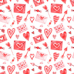 Watercolor seamless pattern with elements for Valentine's Day.  Hearts, sweets, balls, gifts and other cute items.