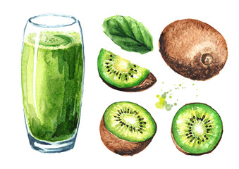 Fototapeta na wymiar Glass of kiwi juice and fresh fruits set. Watercolor hand drawn illustration isolated on white background