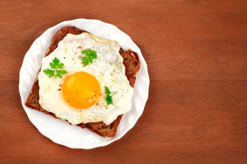 A plate with an egg cooked sunny side up on a toast, shot from the top on a dark rustic wooden background with copy space