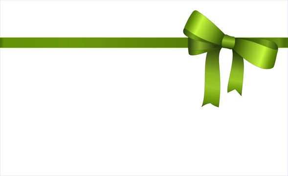 Decorative Green satin bow with horizontal  ribbon isolated on white. Vector gift bow with horizontal ribbon for page decor