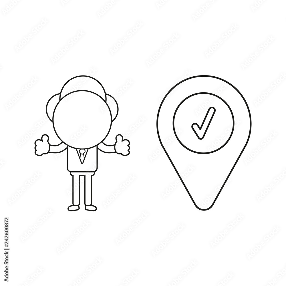 Aufkleber vector illustration of businessman character with map pointer and check mark and giving thumbs-up. b