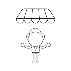 Vector illustration of businessman character under store awning. Black outline.