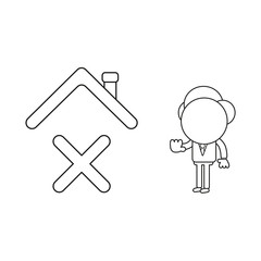 Vector illustration of businessman character with x mark under house roof and showing hand stop gesture. Black outline.