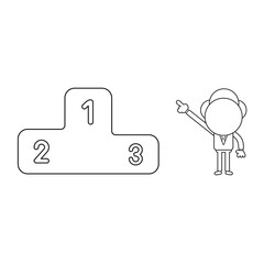 Vector illustration of businessman character pointing first place of winners podium. Black outline.