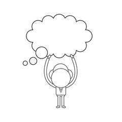 Vector illustration of businessman character holding up blank thought bubble. Black outline.