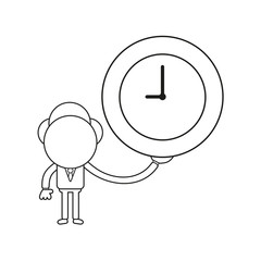 Vector illustration of businessman character holding clock. Black outline.