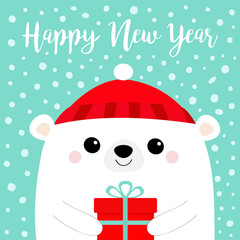 Happy New Year. White polar bear head face holding gift box. Red hat. Merry Christmas. Cute cartoon kawaii baby character. Funny animal. Flat design. Hello winter. Blue snow background.