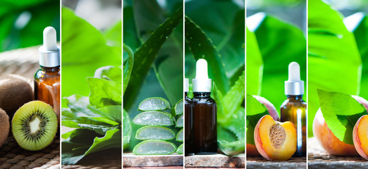 Organic bio fruits and plants oils collage . The theme of natural, organic cosmetics . Beauty and...