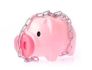 Piggy bank style money box chained together isolated on white background, concep financial stability