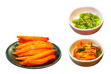 Crab sticks , Chinese cabbage fermented  and Wakame seaweed on a white background.