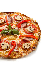 Pizza with bacon and champignon on white background