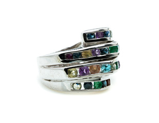 Ring with differet color gemstone on whit background