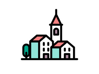 Flat design urban landscape of buildings. Vctor icon illustration