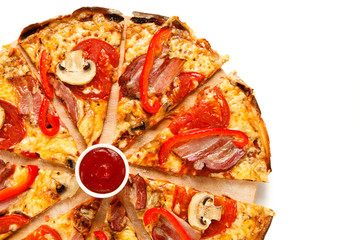 Pizza with bacon and champignon on white background