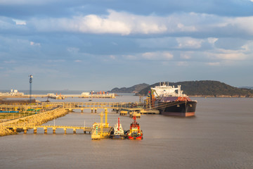 Docks and ships handling cargo