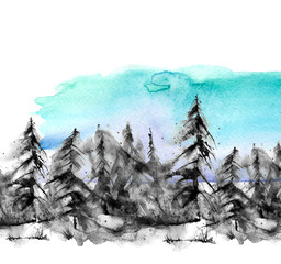 Watercolor art illustration. Drawing of the blue forest, pine tree, spruce, cedar. Dark, dense forest, suburban landscape. Postcard, logo, card. Misty forest, haze. Wild nature, frozen.
