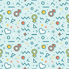 Seamless pattern with gender symbols and hearts. Vector.