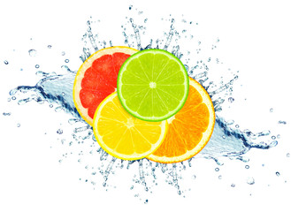 Fototapeta na wymiar lemon, orange, lime and grapefruit slice water splash isolated on white