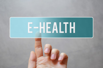  E- health - finger pressing blue transparent button on virtual touchscreen interface on gray...