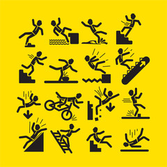 Collection of simple black linear person in situations of falling and injuring as warning signs on yellow background