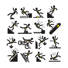 Fototapeta na wymiar Vector set of black linear man falling and hitting in various situations in concept of warning signs on white background