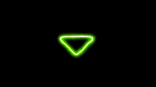 The appearance of the green neon symbol caret down. Flicker, In - Out. Alpha channel Premultiplied - Matted with color black