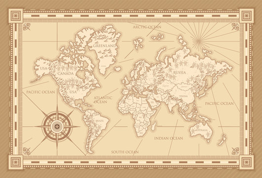 Classic style of world map with compass and ornamental frame in brown monochrome
