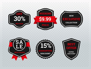 Set of graphics sale stickers in red and black colors showing prices and discounts on transparent background