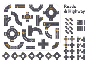 Set of different intersections and road pieces in graphic style isolated on white background - obrazy, fototapety, plakaty