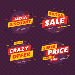 Collection of vivid red and yellow colored banners for super sales on purple background