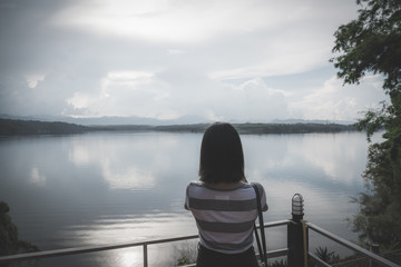 Happy young cute asian Japanese girl hipster backpack  women travelling looking at beautiful sky mountains scenery views 