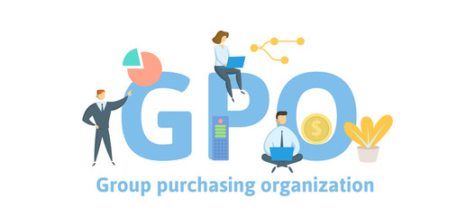 GPO, Group Purchasing Organization. Concept with keywords, letters and icons. Colored flat vector illustration. Isolated on white background.