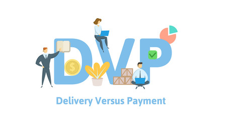 DVP, Delivery Versus Payment. Concept with keywords, letters and icons. Colored flat vector illustration. Isolated on white background.
