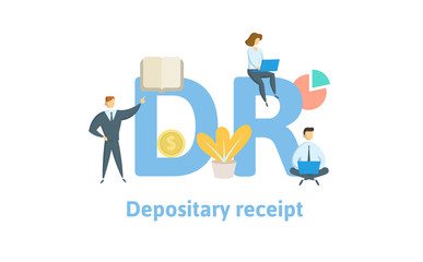 DR, Depositary Receipt. Concept with keywords, letters and icons. Colored flat vector illustration. Isolated on white background.