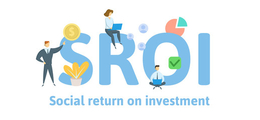 SROI, Social Return On Investment. Concept with keywords, letters and icons. Colored flat vector illustration. Isolated on white background.
