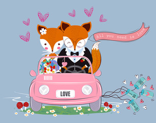 Cute fox couple,Just married,All you need is love in wedding dress,decorated with heart,balloon and flower bouquet,driving pink car.Valentine's concept.