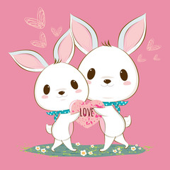 Cute bunny rabbit couple holding heart together decorated with flowers on pink background.