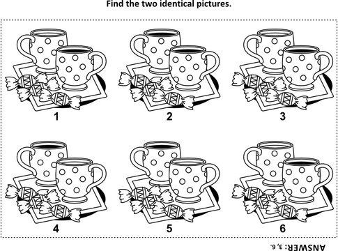 IQ training find the two identical pictures with tea cups and candy visual puzzle and coloring page. Answer included.
