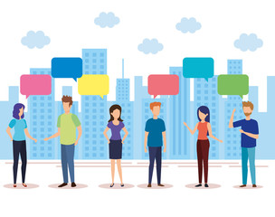 group of people with speech bubble characters